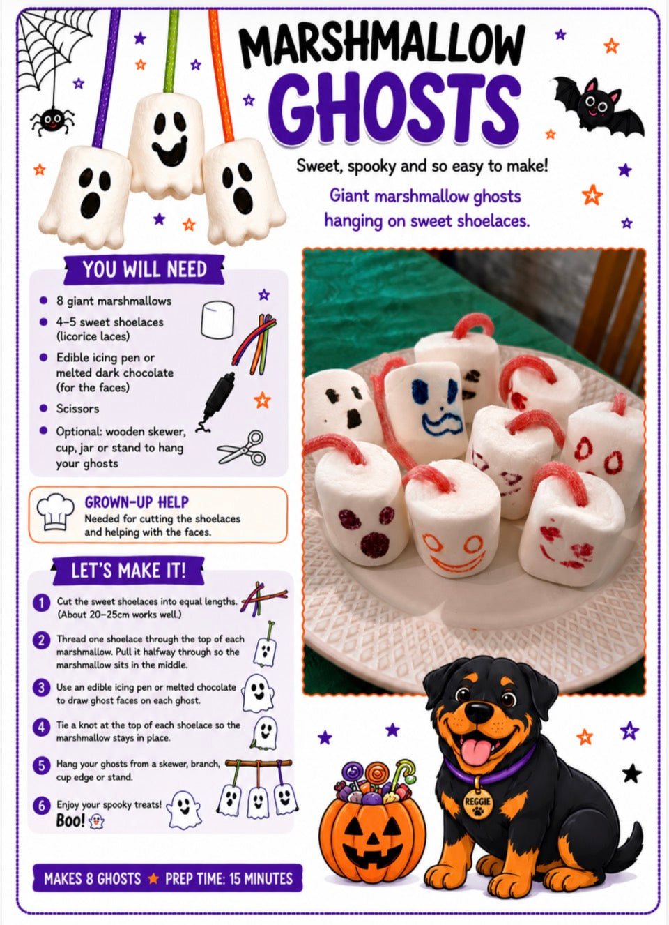 A Halloween-themed recipe card for making 'Marshmallow Ghosts' featuring a large title, ingredient list, step-by-step instructions, and a photo of decorated marshmallow ghosts on a tray. A cartoon black and tan dog is pictured at the bottom right.