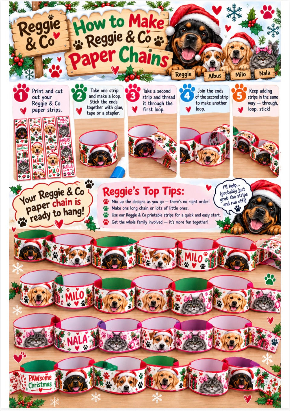 A printed how-to poster for making Reggie & Co. paper chains, showing step-by-step instructions, sample finished paper chains, and tips for hanging them.