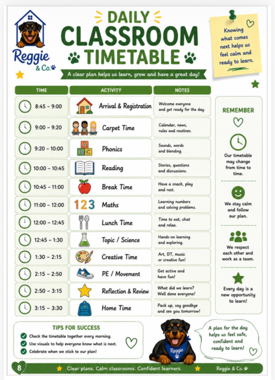 A daily classroom timetable poster from Reggie & Co, featuring a structured schedule from 8:45 to 3:15 with icons and short descriptions for each time slot, including Arrival & Registration, Phonics, Reading, Maths, Lunch Time, Creative Time, PE, and Reflection & Review.