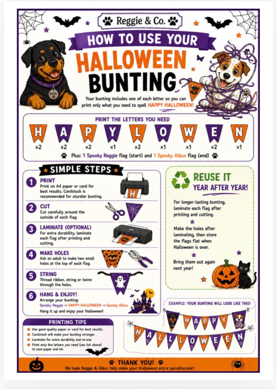 A Halloween-themed instruction sheet from Reggie & Co. explaining how to use their bunting product, featuring colorful text, illustrations of a dog and a pumpkin, and step-by-step usage instructions.