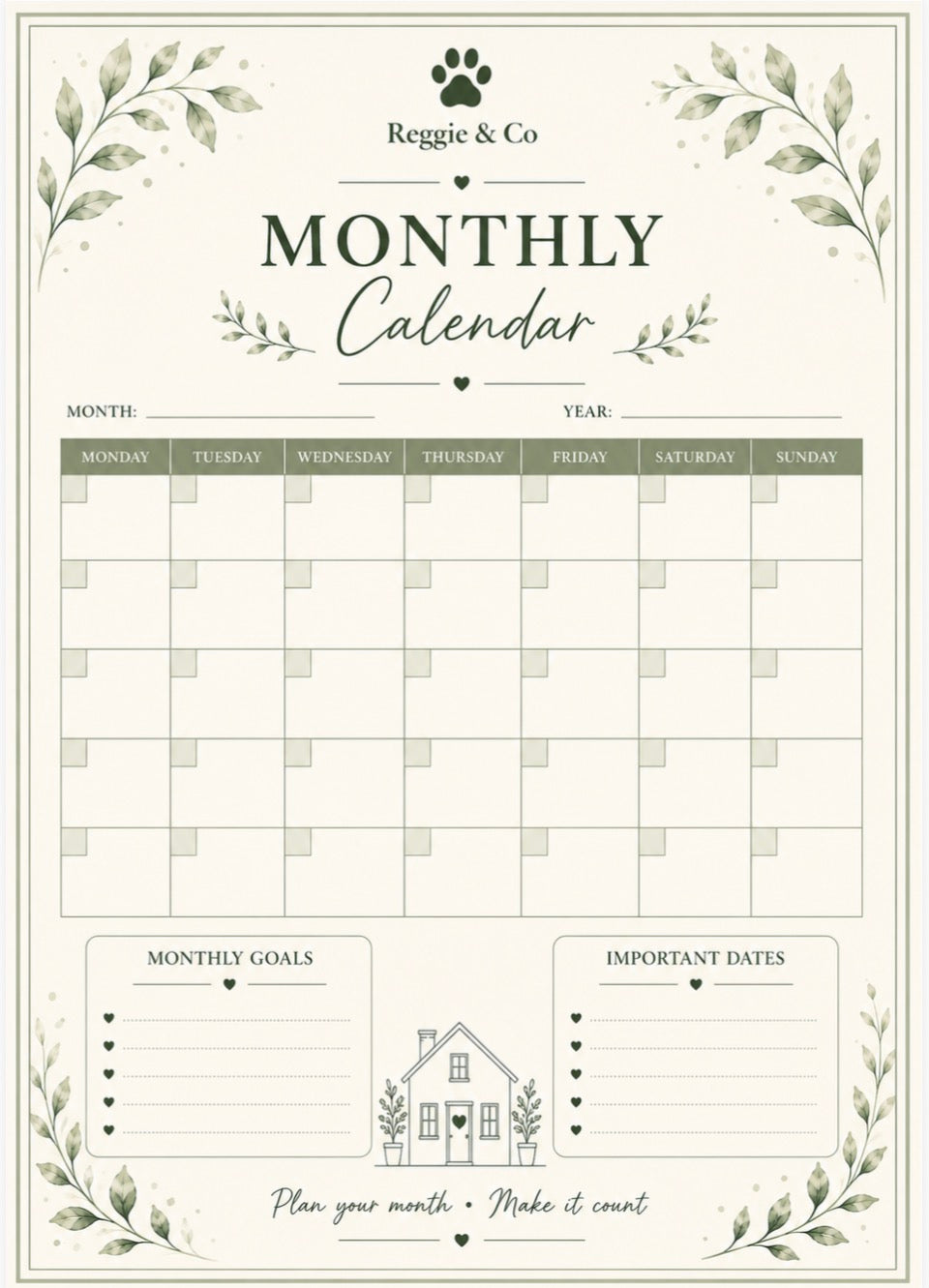 A monthly calendar planner page from Reggie & Co featuring a grid layout with decorative green leafy borders, a house illustration, and sections for monthly goals and important dates.