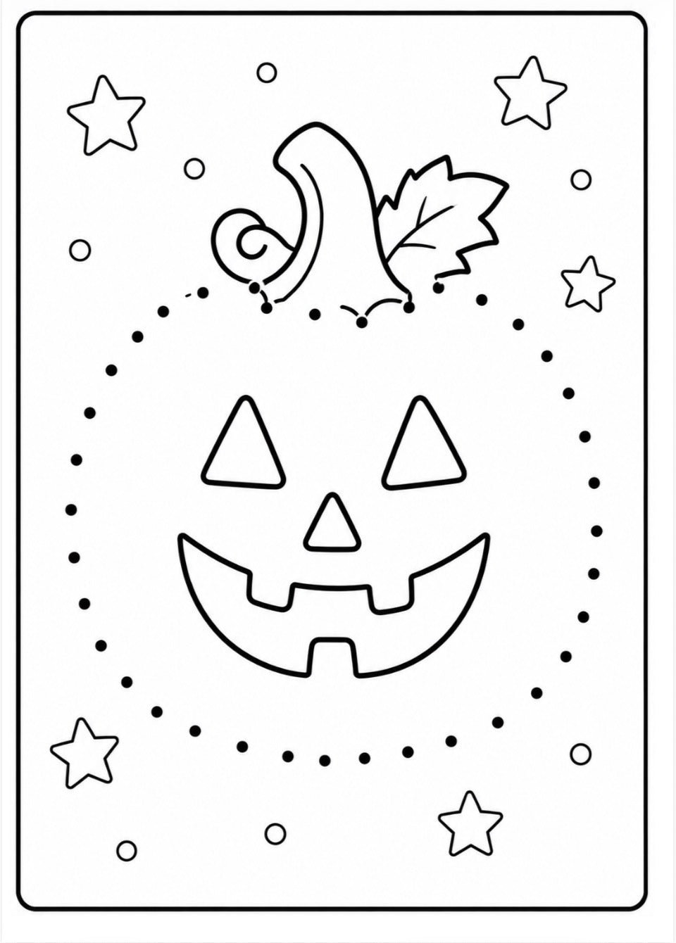 Black and white Halloween coloring page featuring a jack-o'-lantern face, dotted pumpkin outline, stars, and a leaf on a white background.