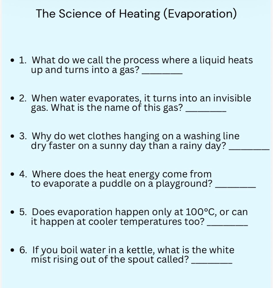 Quiz on the science of heating and evaporation with multiple-choice questions.