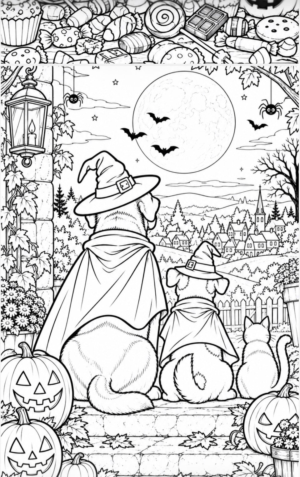 Black and white Halloween coloring page featuring two dogs dressed as witches sitting on steps with pumpkins, a full moon, bats, and a haunted house in the background.