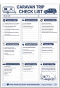 A printable 'Caravan Trip Check List' template with multiple sections for trip planning, including vehicle and towing, bedding and sleeping, kitchen and cooking, toiletries and bathroom, electronics and utilities, kids and family, caravan and site essentials, documents and insurance, and a don't want to forget section. The design features a clean white background with blue headers, black text, and small illustrative icons.