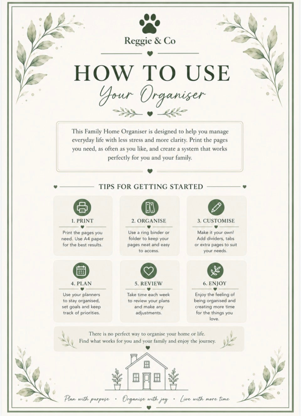 An instructional guide poster for the Reggie & Co Family Home Organiser, featuring a cream background with green botanical illustrations and step-by-step usage tips.