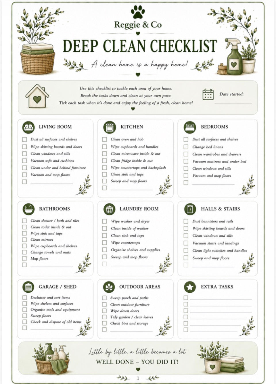 A printable 'Deep Clean Checklist' poster by Reggie & Co, featuring a grid of checklist items for living rooms, kitchens, bedrooms, bathrooms, laundry rooms, halls and stairs, garage/shed, outdoor areas, and extra tasks, decorated with watercolor illustrations of potted plants, a watering can, and a small basket.