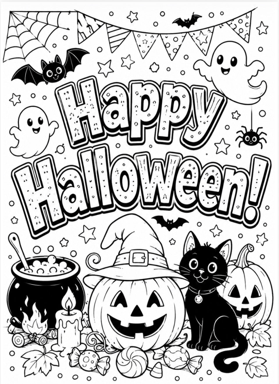 Black and white Halloween coloring page featuring the text 'Happy Halloween!' in large outlined letters, with ghosts, bats, a spider, a cauldron, candles, candy corn, and a black cat surrounded by pumpkins and leaves.