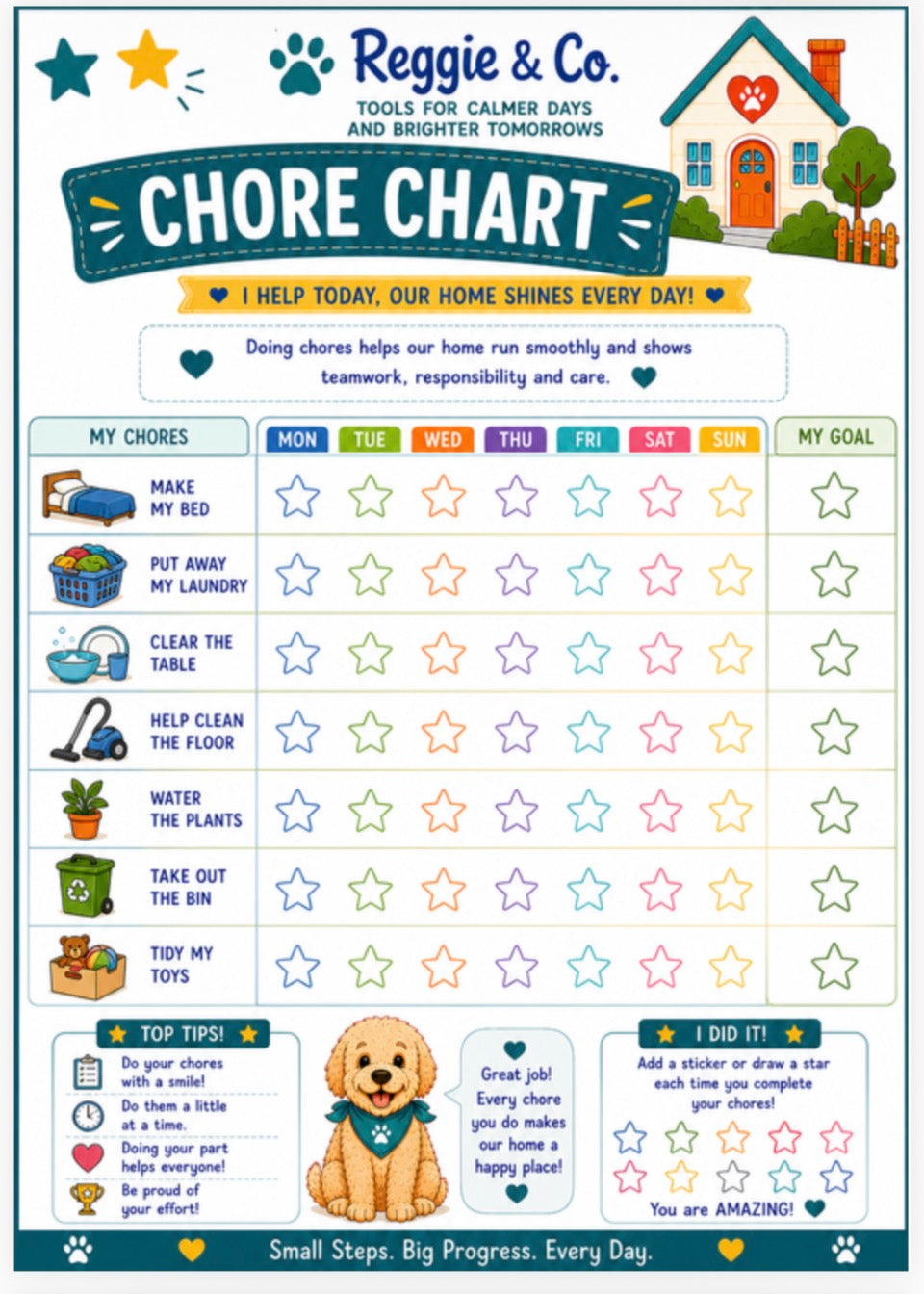 A printable chore chart titled 'Chore Chart' for 'Reggie & Co.' with a cute cartoon dog and house illustration.