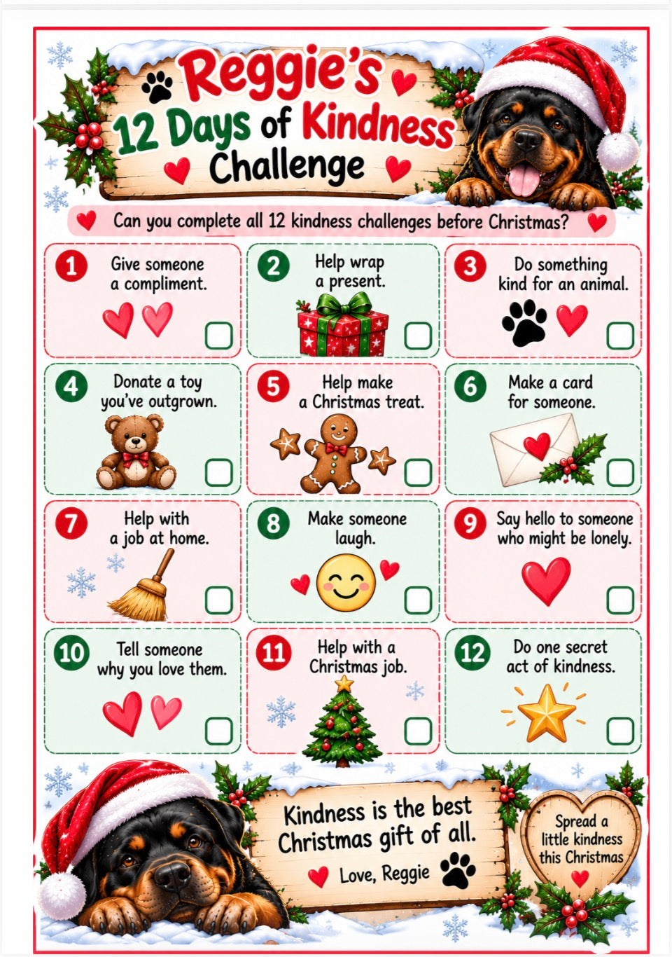 A festive printable poster titled 'Reggie's 12 Days of Kindness Challenge' featuring a black and tan dog in a Santa hat at the top and bottom, with 12 small activity boxes outlined in red and holiday illustrations including hearts, snowflakes, ornaments, and gingerbread cookies.