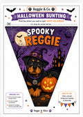 A Halloween bunting banner design sheet from Reggie & Co featuring a triangular pennant with a cartoon Rottweiler dog in a witch hat beside a jack-o'-lantern on a purple haunted-house background. The sheet includes printed instructions, tips, and decorative bats and spider motifs.