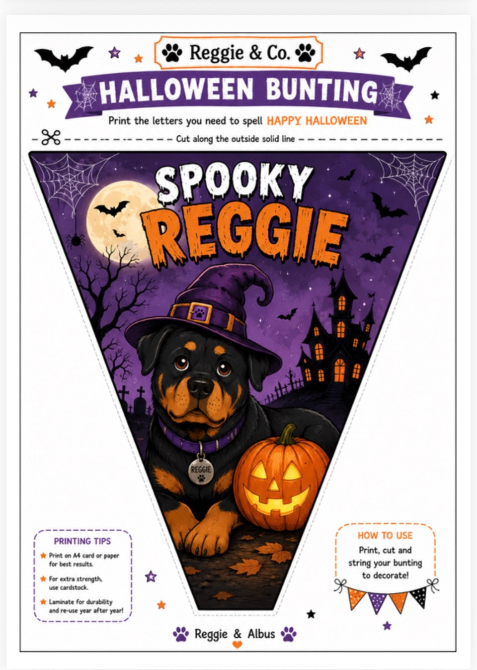 A Halloween bunting banner design sheet from Reggie & Co featuring a triangular pennant with a cartoon Rottweiler dog in a witch hat beside a jack-o'-lantern on a purple haunted-house background. The sheet includes printed instructions, tips, and decorative bats and spider motifs.
