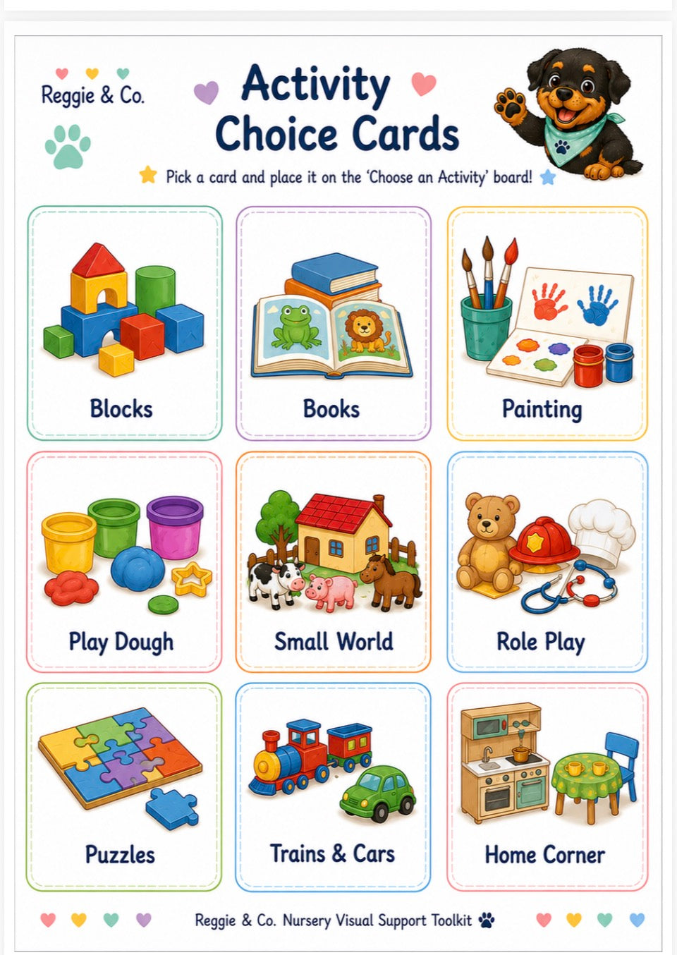 Reggie & Co. Activity Choice Cards printable board game sheet featuring a grid of colorful toy and activity icons with labels: Blocks, Books, Painting, Play Dough, Small World, Role Play, Puzzles, Trains & Cars, and Home Corner.