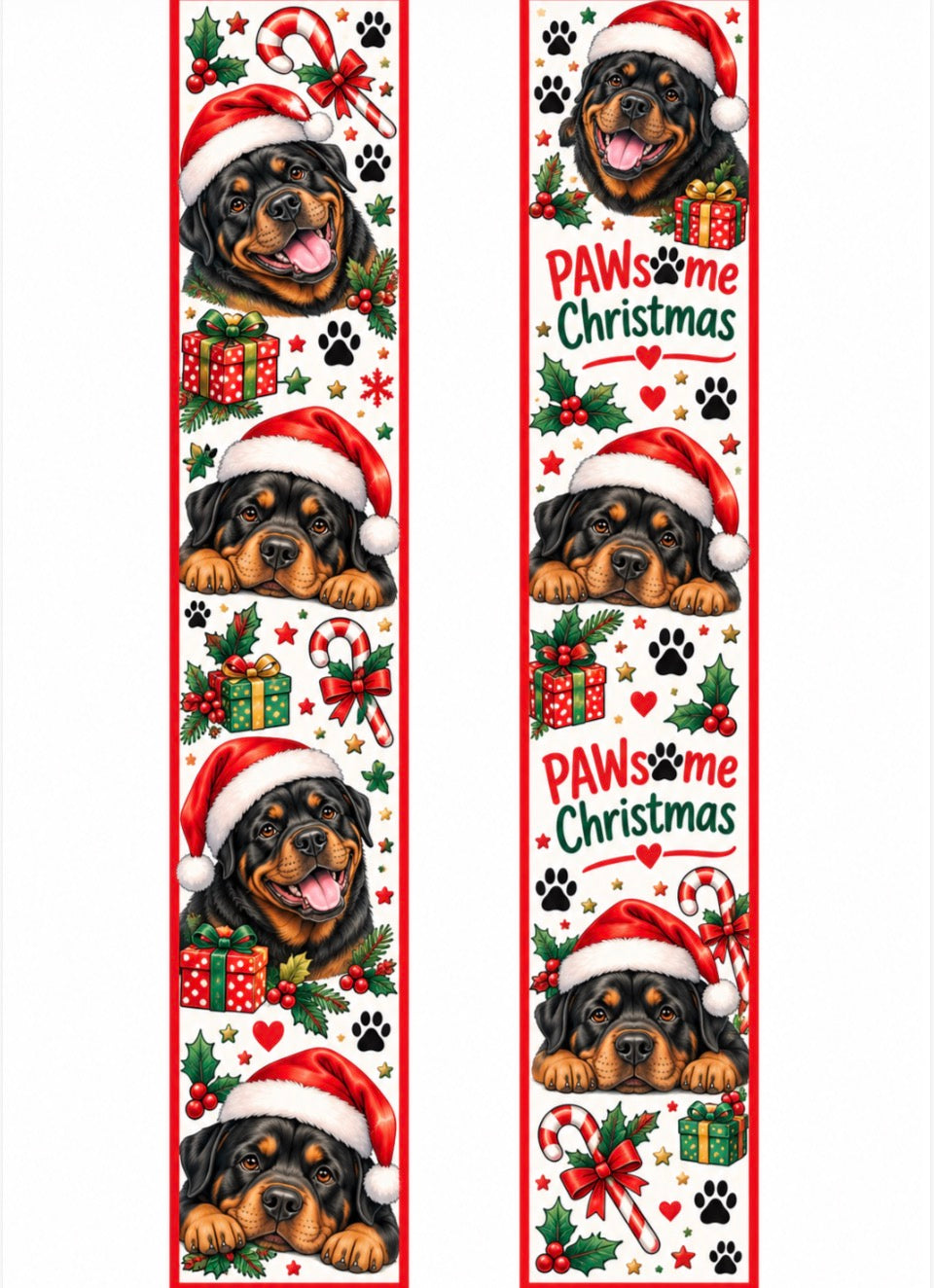 Two narrow vertical holiday-themed strips featuring repeated illustrations of a Rottweiler dog wearing a Santa hat, with Christmas paw prints, candy canes, gifts, holly, and the text 'PAWsome Christmas' on a white background.