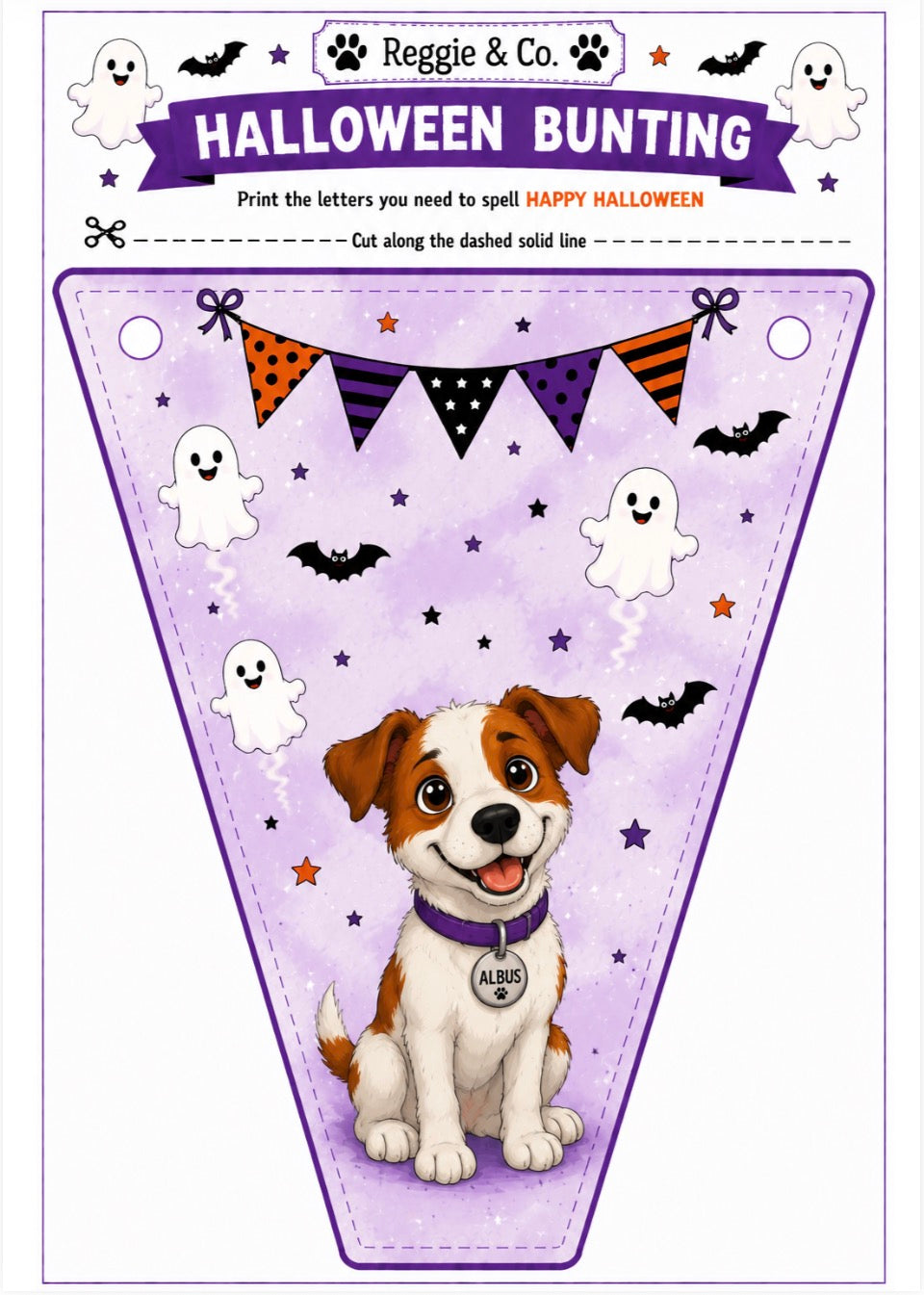 Halloween bunting banner template featuring a cute brown and white dog wearing a purple collar with a name tag, surrounded by ghosts, bats, and a purple, orange, and black bunting banner on a light purple background. The top header reads 'Reggie & Co HALLOWEEN BUNTING'.