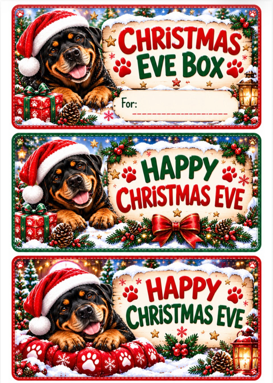 Three Christmas Eve box gift tags featuring a Rottweiler dog in a Santa hat, surrounded by snow, ornaments, pinecones, and festive decorations. The top tag says 'Christmas Eve Box' with a 'For:' line, while the middle and bottom tags say 'Happy Christmas Eve' with paw prints and red bows.