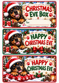 Three Christmas Eve box gift tags featuring a Rottweiler dog in a Santa hat, surrounded by snow, ornaments, pinecones, and festive decorations. The top tag says 'Christmas Eve Box' with a 'For:' line, while the middle and bottom tags say 'Happy Christmas Eve' with paw prints and red bows.
