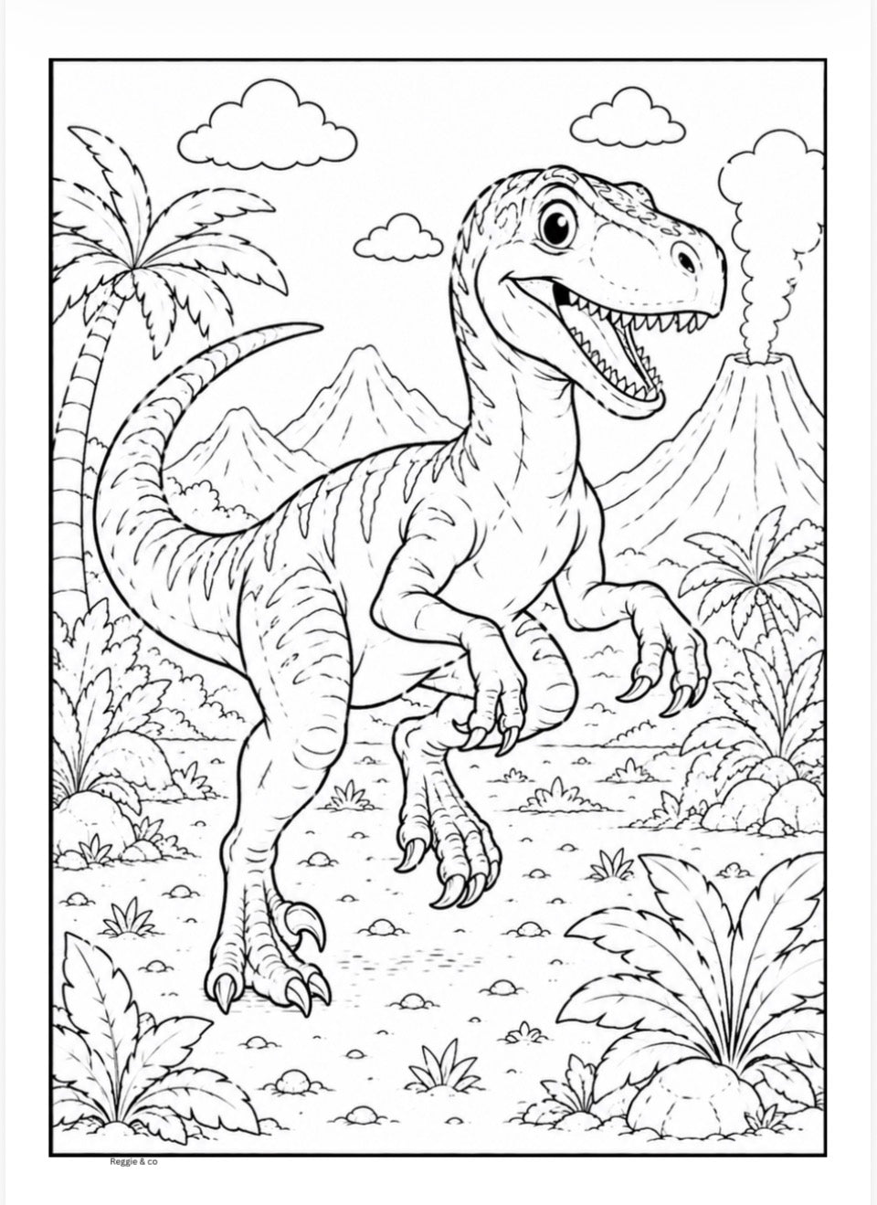 Coloring page of a dinosaur in a prehistoric landscape with palm trees and mountains.