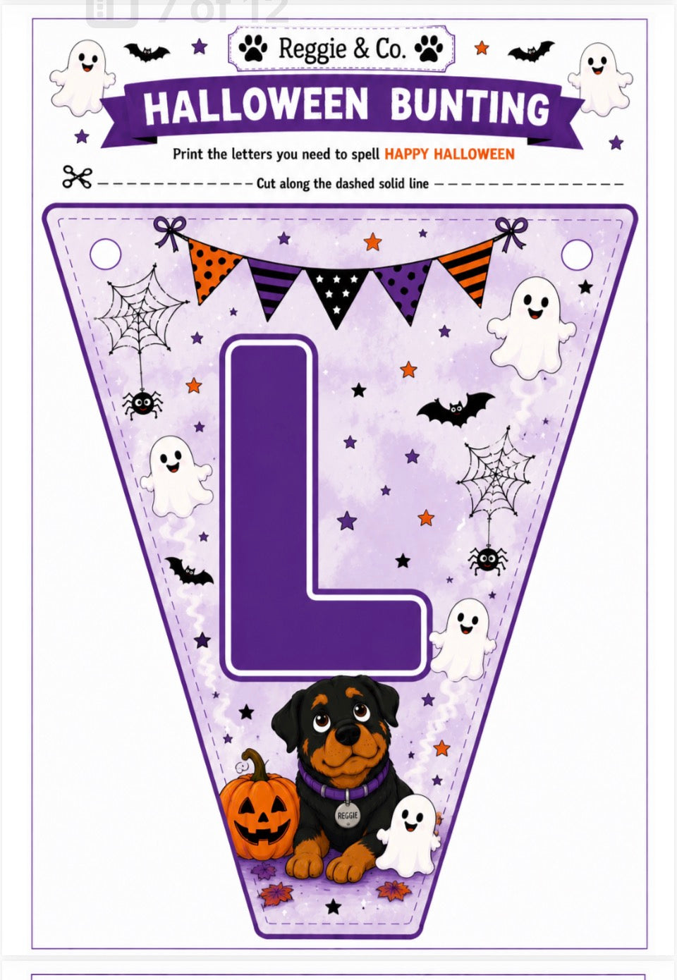 A printable Halloween bunting banner design featuring a large purple letter 'L' on a light lavender pennant with Halloween illustrations including ghosts, bats, spiders, stars, and a Rottweiler dog with a pumpkin. The top header reads 'Reggie & Co.