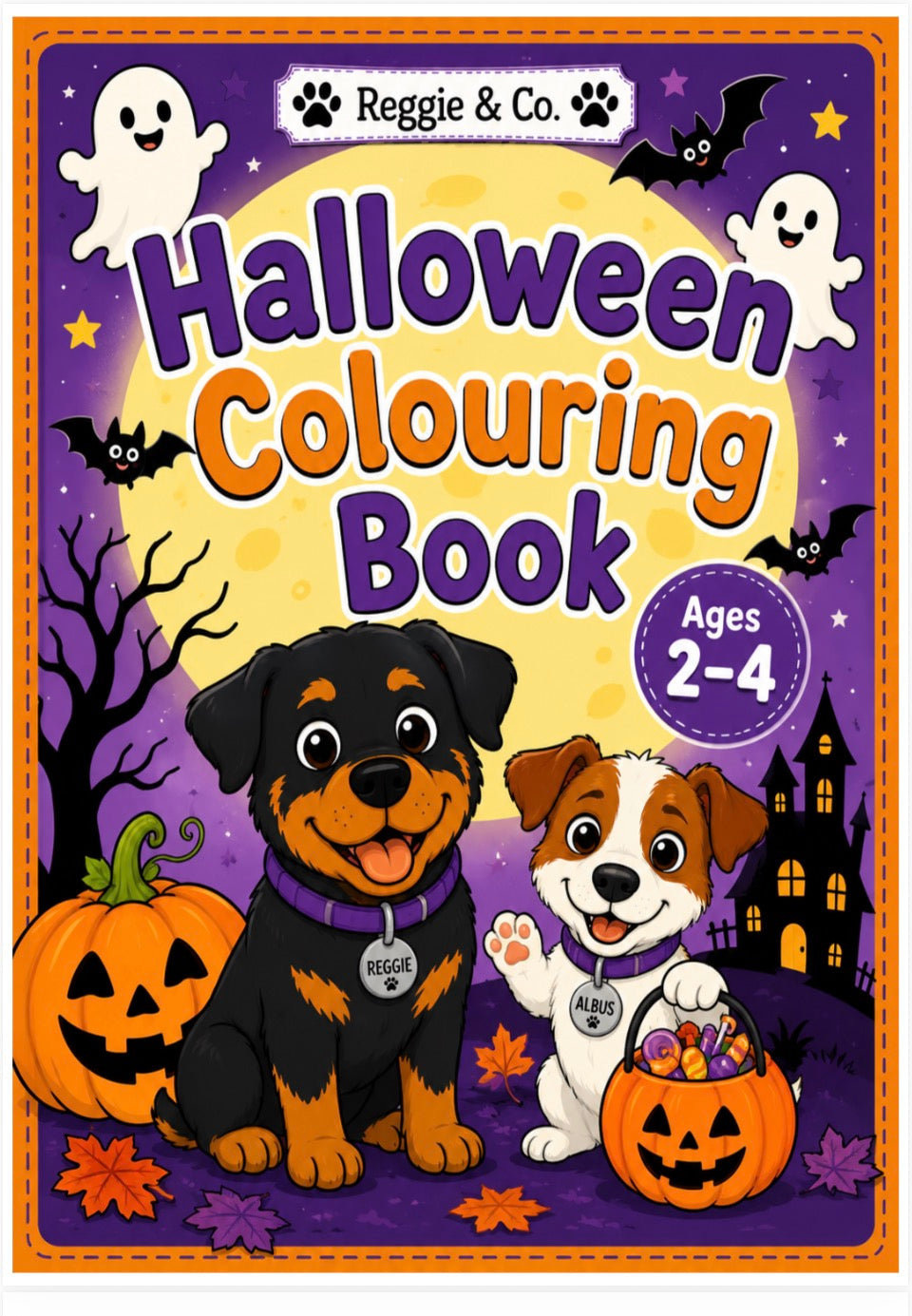 Front cover of the 'Halloween Colouring Book' by Reggie & Co, featuring a festive purple background with a large yellow moon, cartoon ghosts, bats, a haunted house, pumpkins, and two cute dogs holding a treat bucket.