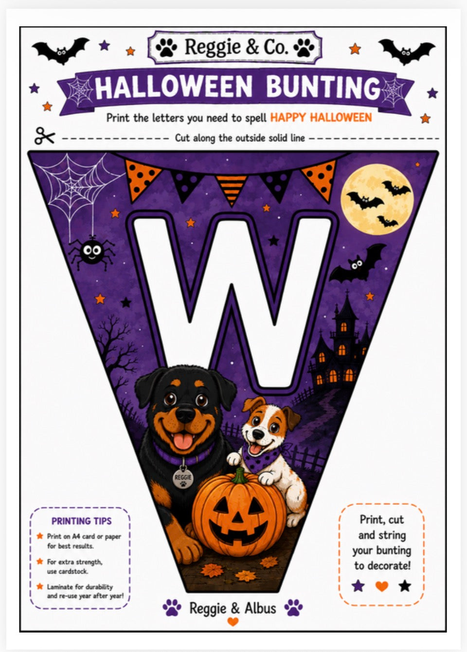 Halloween bunting banner template featuring a large letter 'W' with a purple triangular pennant design, decorated with a Rottweiler, a white and tan dog, a jack-o'-lantern, bats, a full moon, and spooky house elements. The top header reads 'Reggie & Co.