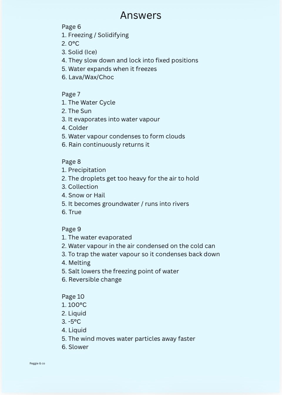 Answers to questions about water cycle and phase changes on a light blue background