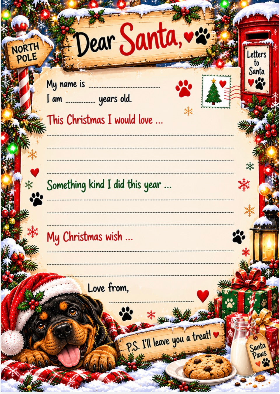 A festive Christmas-themed printable letter to Santa template with a dog illustration at the bottom, red text lines for writing, paw prints and snowflake decorations, and a holiday border with lights, gifts, a mailbox, and a Santa hat.