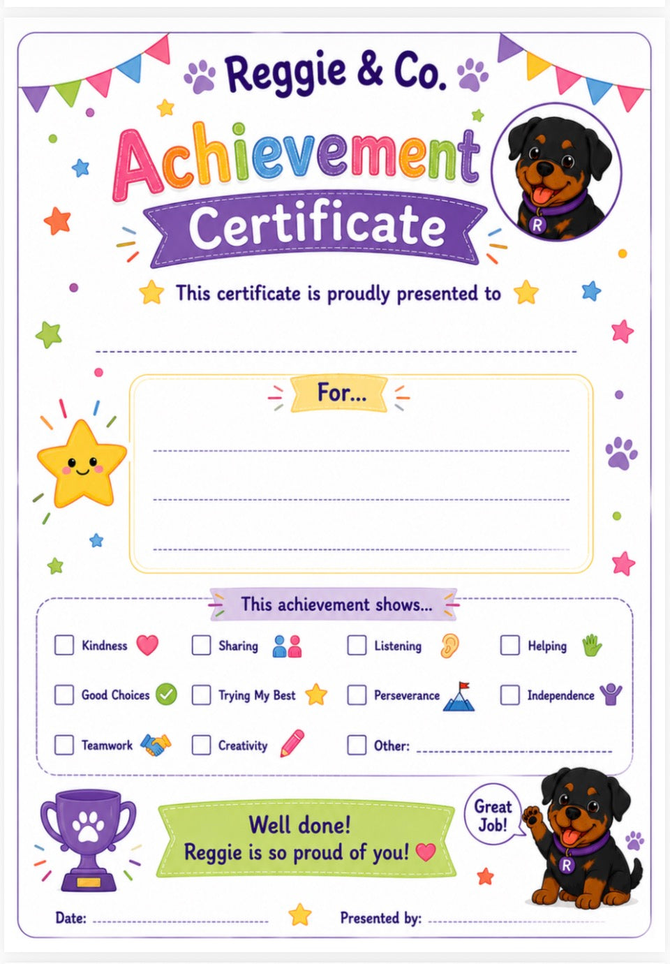 A colorful dog achievement certificate template from Reggie & Co. featuring a Rottweiler dog illustration, check boxes for qualities like kindness and sharing, and spaces for writing the recipient and date.