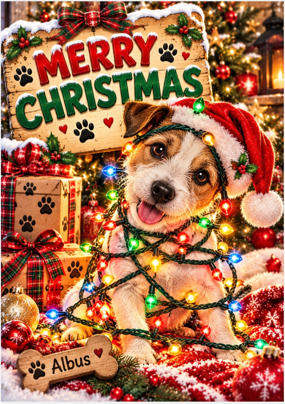 A small white and tan dog wearing a red Santa hat sits in a snowy Christmas scene with wrapped gifts, a wooden 'Merry Christmas' sign, and green string lights. A bone-shaped plaque at the bottom reads 'Albus' with a paw print.