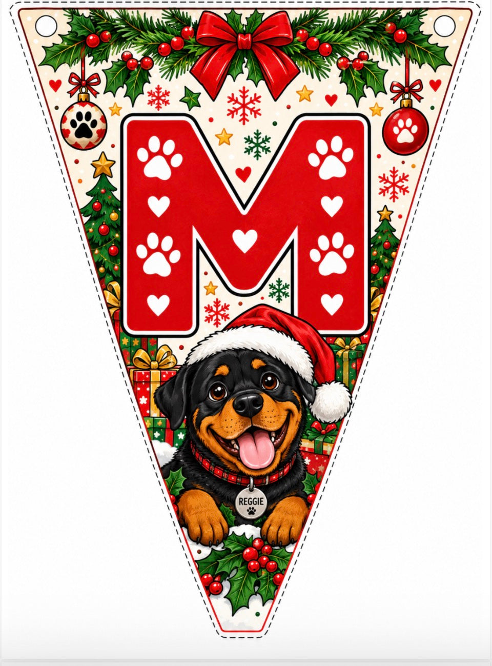 A triangular Christmas banner flag featuring a large red monogram letter 'M' with white paw prints and hearts, surrounded by holiday garlands, ornaments, snowflakes, and a cartoon Rottweiler dog wearing a Santa hat. The banner has white corners with punch holes and is shown on a plain white background.