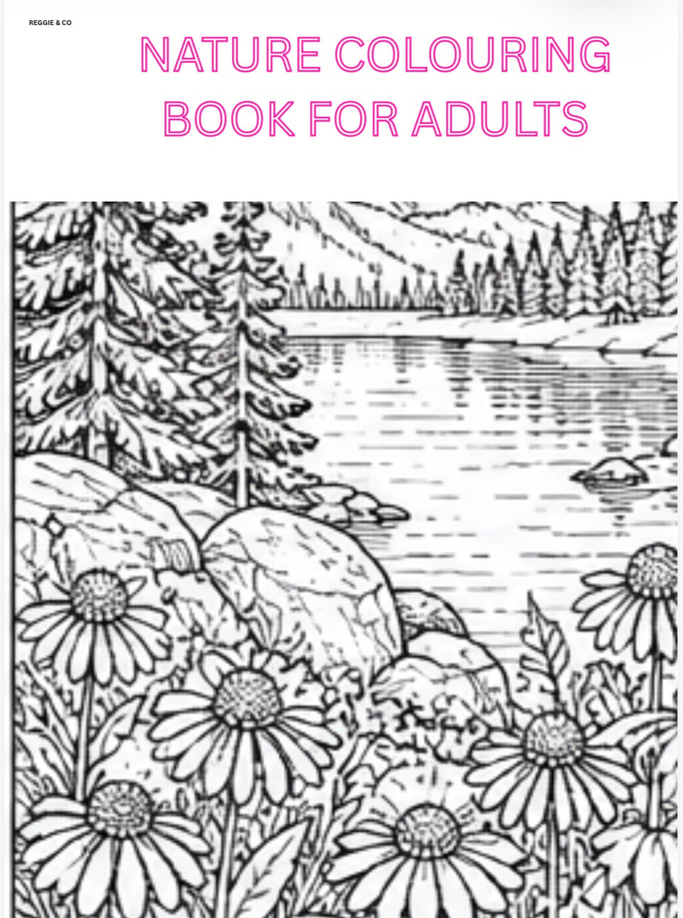 Cover of a nature coloring book for adults with a lake and trees illustration.