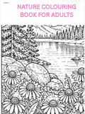 Cover of a nature coloring book for adults with a lake and trees illustration.