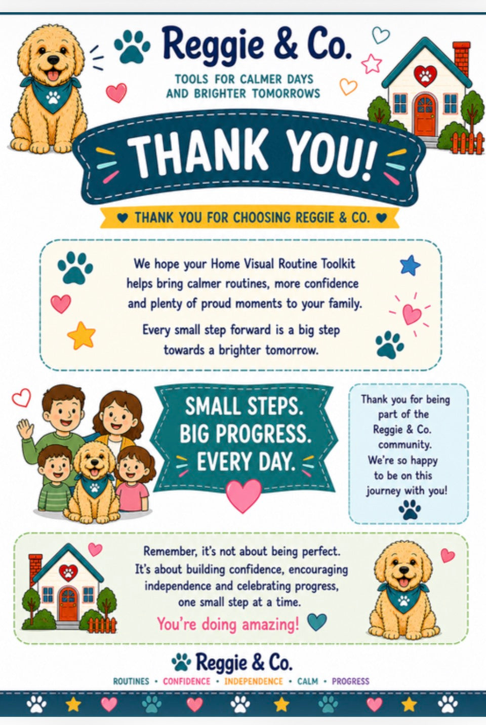 A colorful thank-you card for the 'Reggie & Co.' Home Routine Toolkit, featuring cartoon illustrations of a golden retriever, a family, houses, and paw prints alongside text thanking customers for choosing the brand.