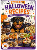 Front cover of the book 'Halloween Recipes' by Reggie & Co, featuring a black and tan dog surrounded by Halloween treats like ghost marshmallows, pumpkin rice crispy treats, chocolate ghost cookies, and spooky popcorn, with large purple and orange title text on a white background.