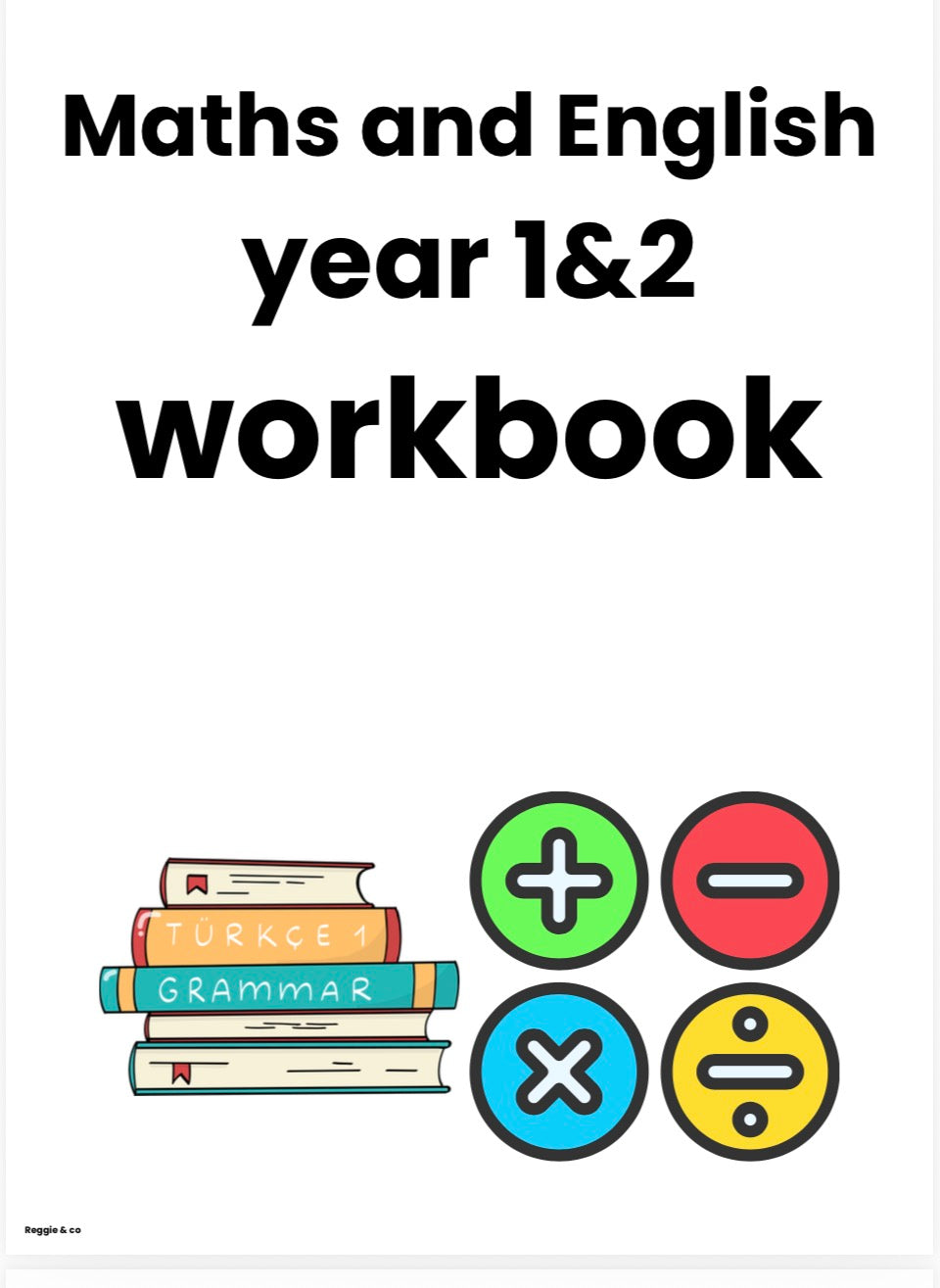 Workbook cover for Maths and English year 1&2 with educational symbols and text.
