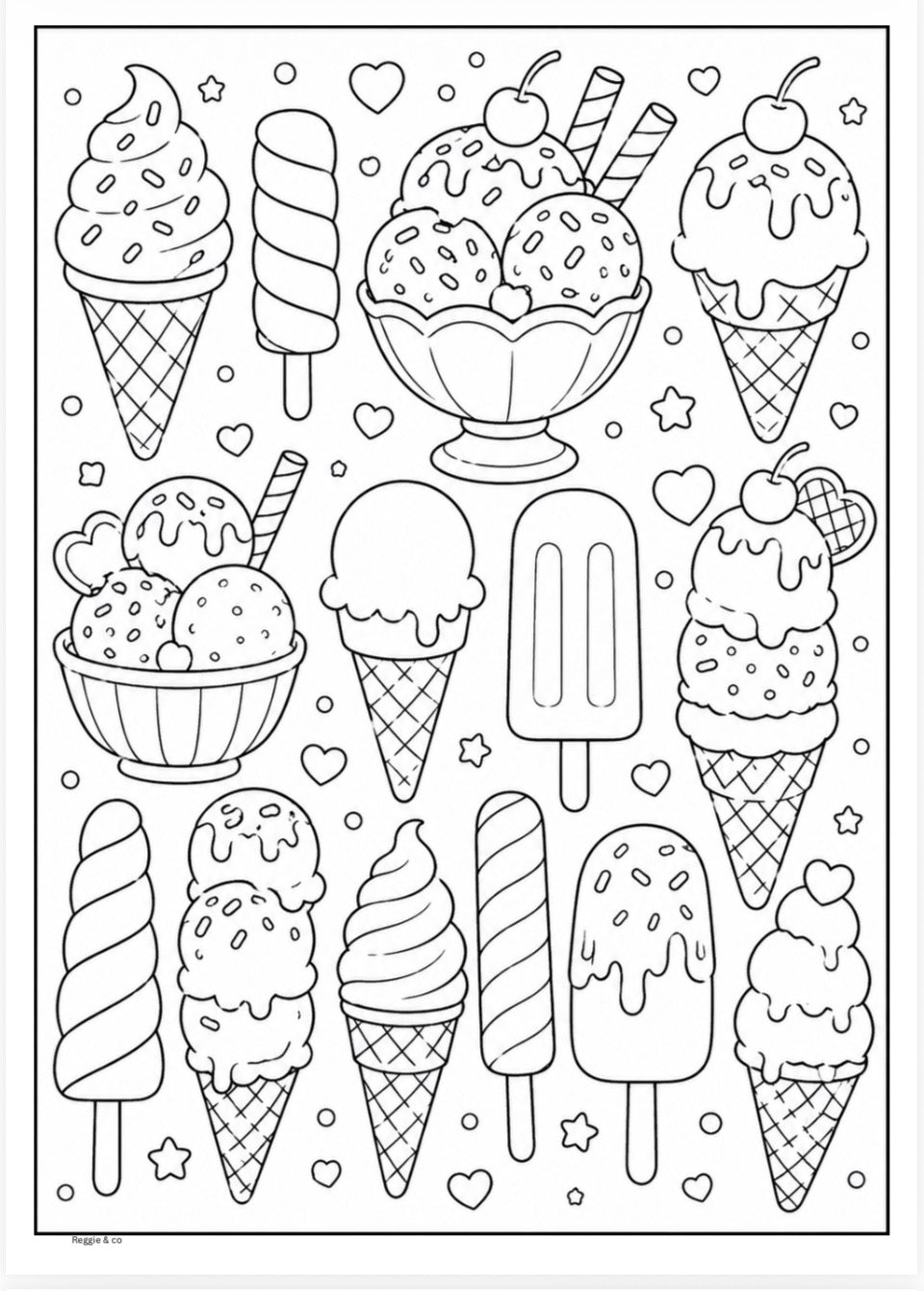 Coloring page with various ice cream illustrations on a white background