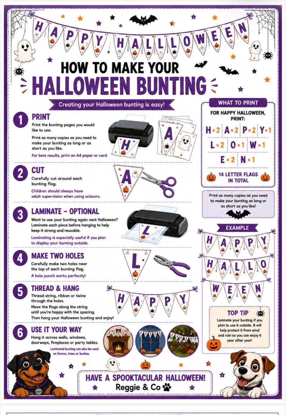 A Halloween-themed printed how-to poster titled 'How to Make Your Halloween Bunting' with step-by-step instructions, sample bunting flags, scissors and heat press graphics, and decorative spooky illustrations including pumpkins, ghosts, spiders, and dogs. The poster is mostly white with purple borders and text accents.