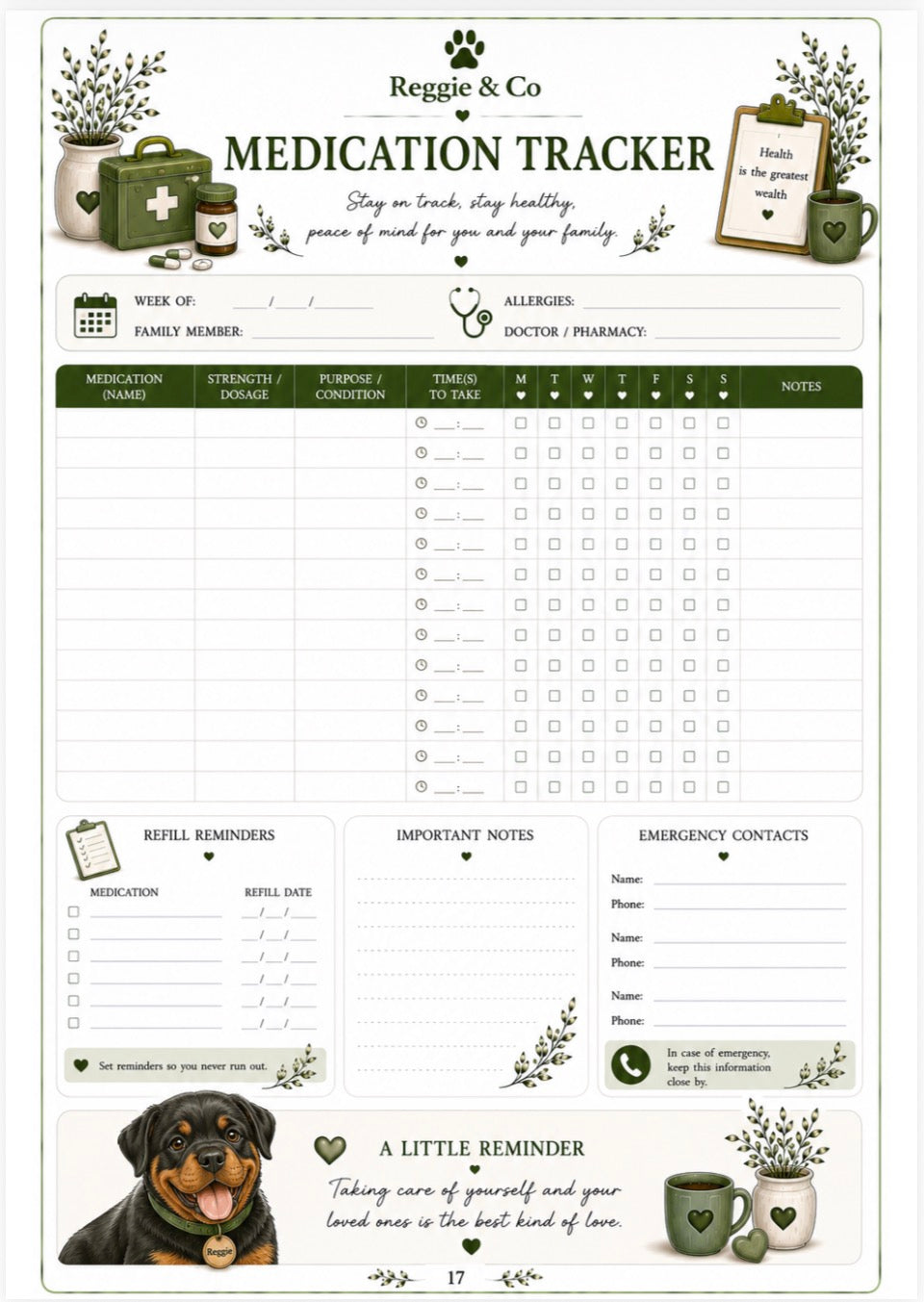 A digital Medication Tracker printable template from Reggie & Co, featuring a clean white layout with dark green headers, checkboxes for medication tracking, reminder fields, and decorative illustrations of a Rottweiler dog and heart-shaped vials.