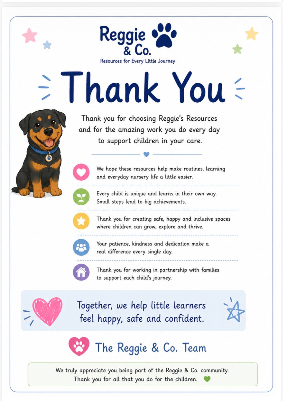 A printed thank-you card from Reggie & Co. with a photo of a black-and-tan dog, decorative stars, and several colored icons with short text on a white background.