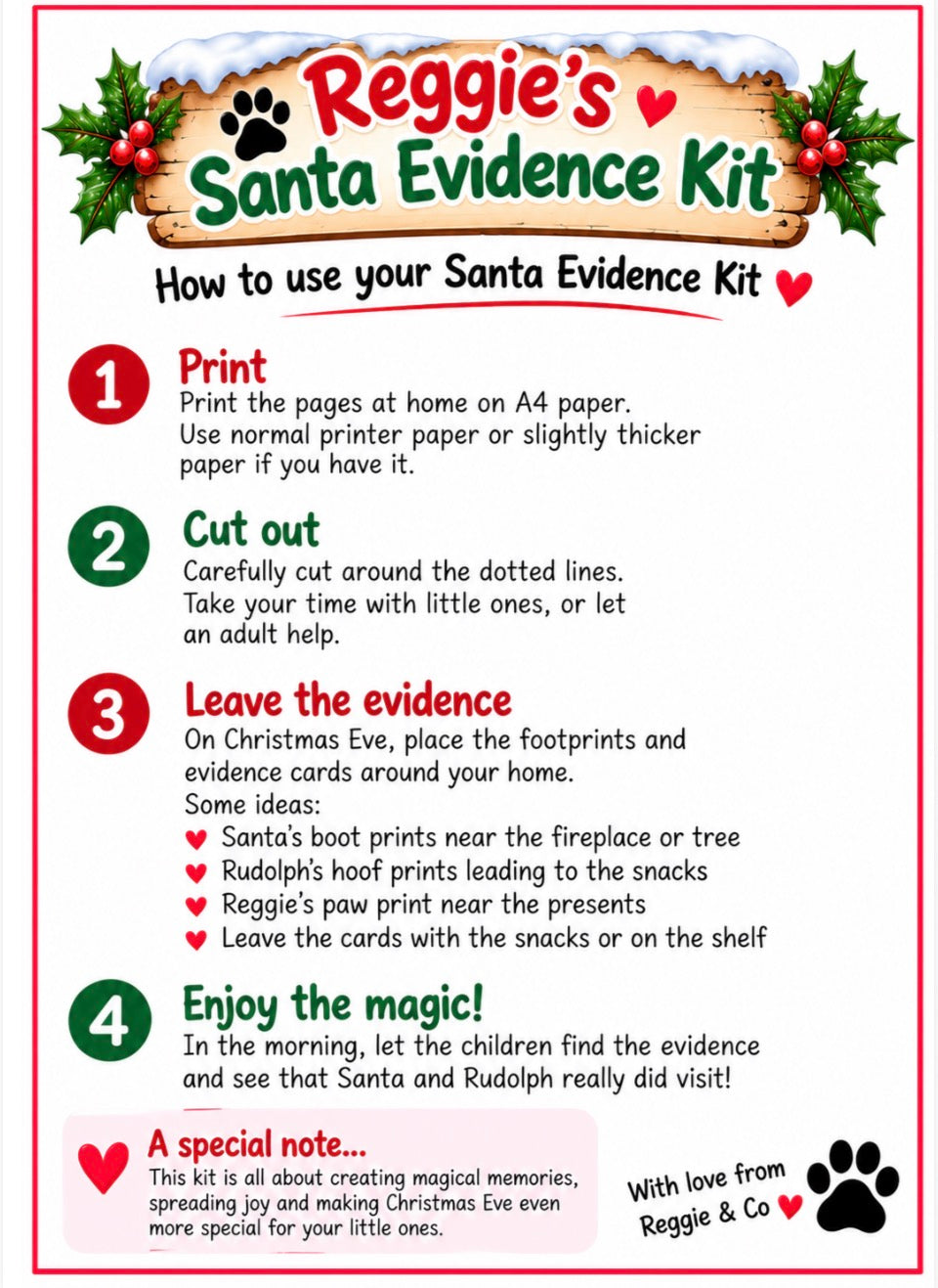 A printed instruction sheet for 'Reggie's Santa Evidence Kit' with step-by-step usage instructions, holiday-themed header, paw prints, and red heart accents on a white background.