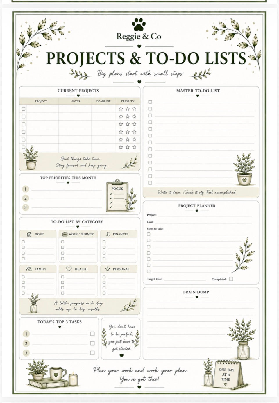 A printable planner page titled 'Projects & To-Do Lists' by Reggie & Co, featuring multiple labeled sections for current projects, master to-do list, priority list, to-do list by category, project planner, brain dump, and today's top 3, decorated with botanical illustrations and small plant and coffee cup icons.
