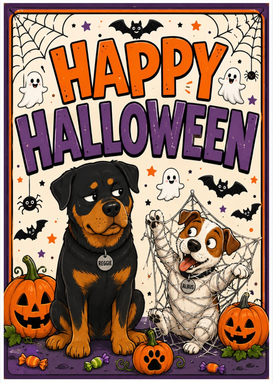 A Halloween-themed illustrated sign or print featuring two dogs dressed as ghosts, with large text reading “HAPPY HALLOWEEN,” pumpkins, spiders, ghosts, bats, and candy on a cream background with a purple border.