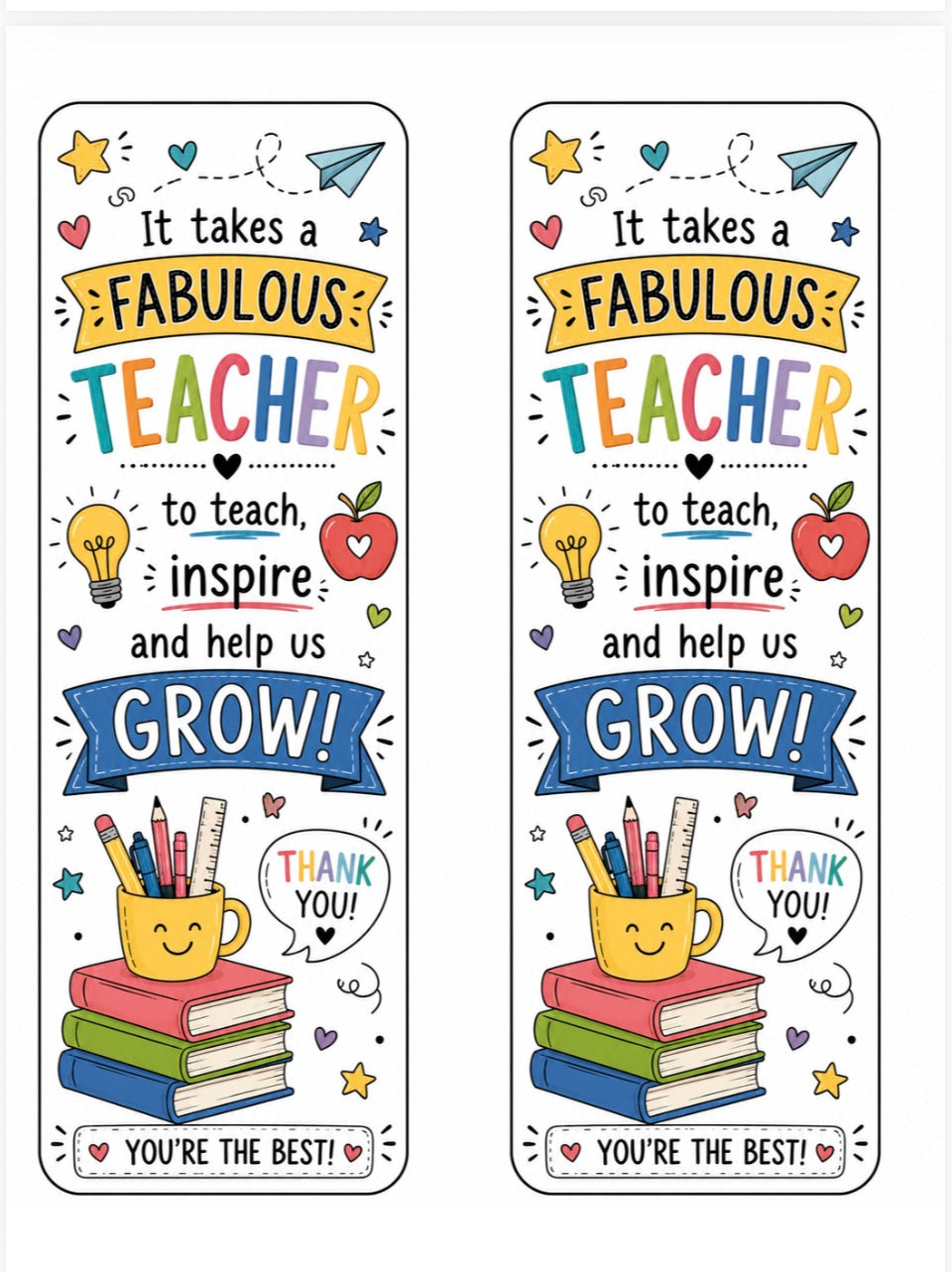 Two colorful bookmarks with teacher appreciation text and graphics on a white background.