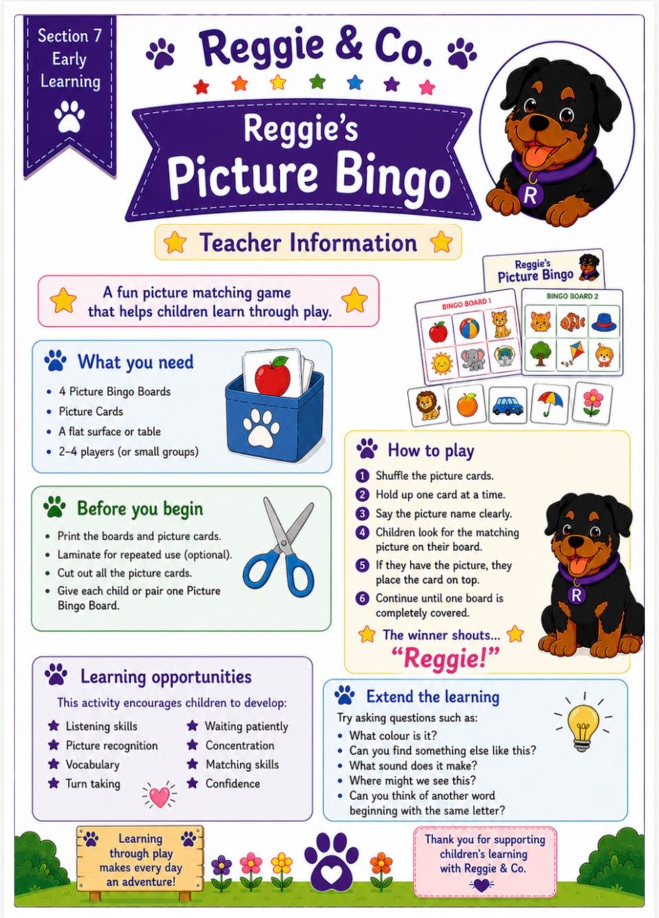 Teacher information sheet for 'Reggie & Co.'s 'Reggie's Picture Bingo' early learning activity, featuring a colorful layout with illustrations of a brown dog, paw prints, and sections detailing what is needed, how to play, learning opportunities, and extension ideas.