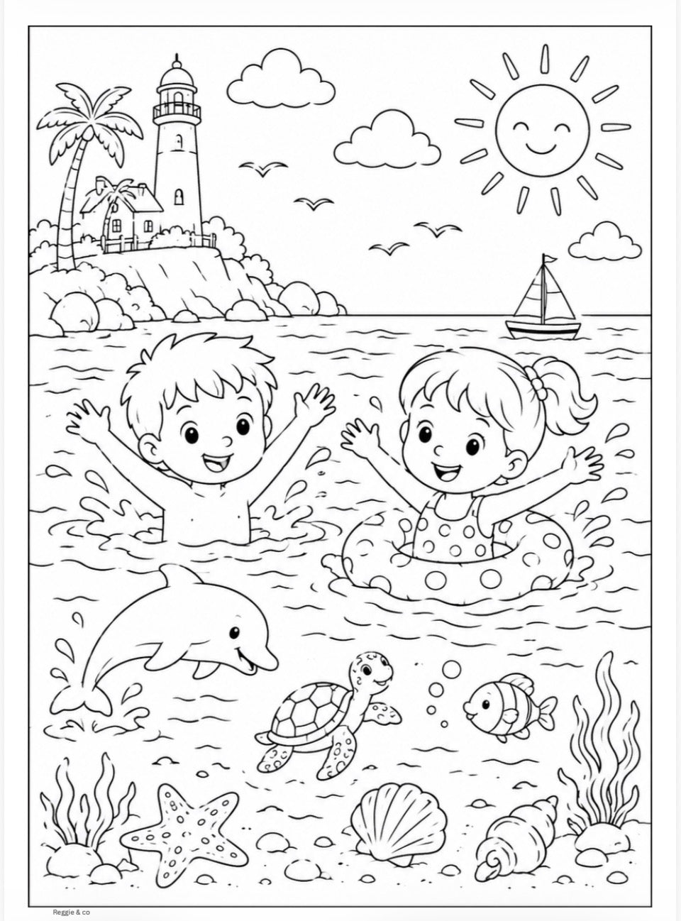 Coloring page with two children playing in the water, a lighthouse, and sea creatures.
