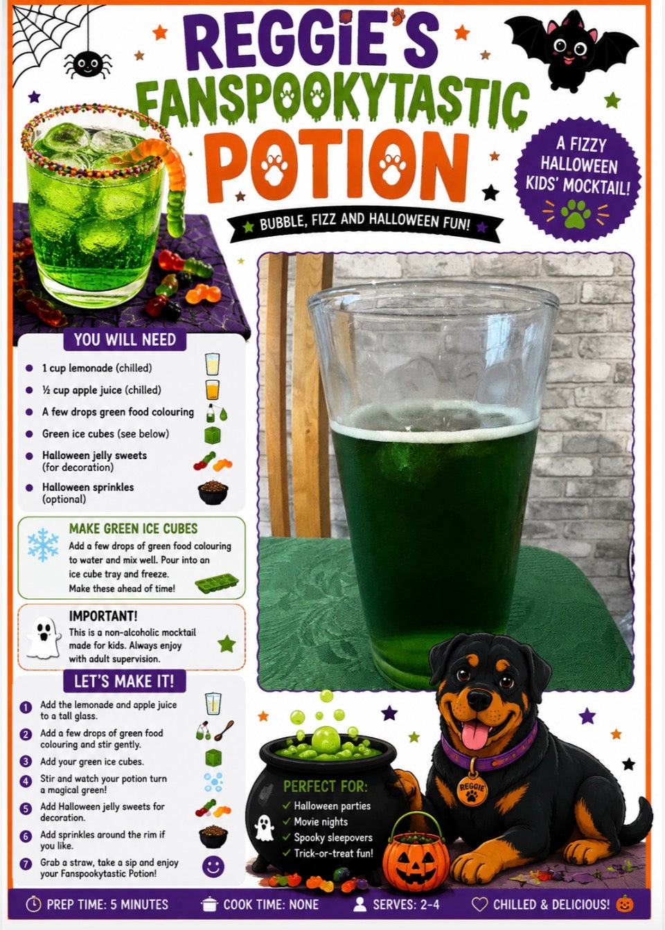 A recipe card for 'Reggie's Fanspookytastic Potion' featuring a glass of green potion, ingredients, instructions, and a Rottweiler dog illustration on a white and purple background.