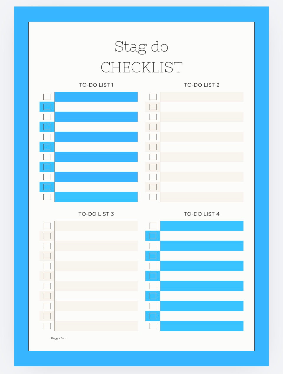 Stag do checklist with multiple to-do lists on a white background