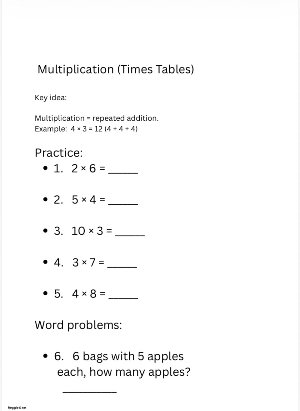 Math worksheet with multiplication problems and word problem on a white background