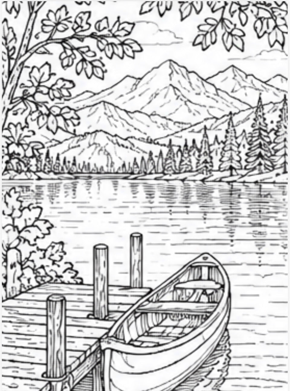 Black and white line drawing of a lake scene with a boat, dock, and mountains.