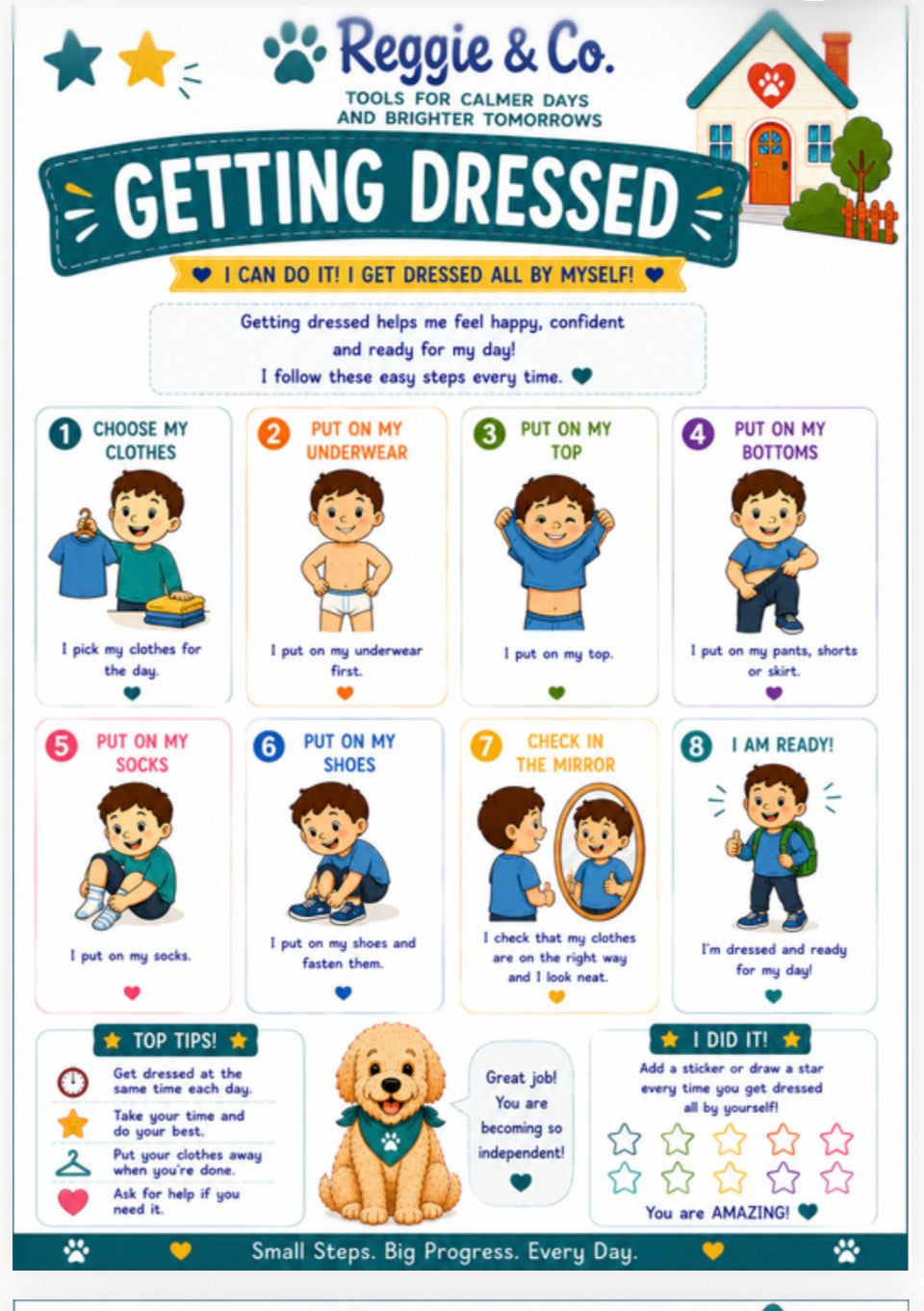 An educational poster titled 'Getting Dressed' by Reggie & Co., featuring illustrated step-by-step instructions for dressing a child, with cartoon characters, stars, paw prints, and a small dog illustration on a white background.